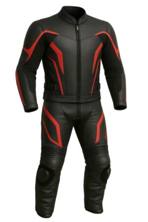 leather race suit — black / red